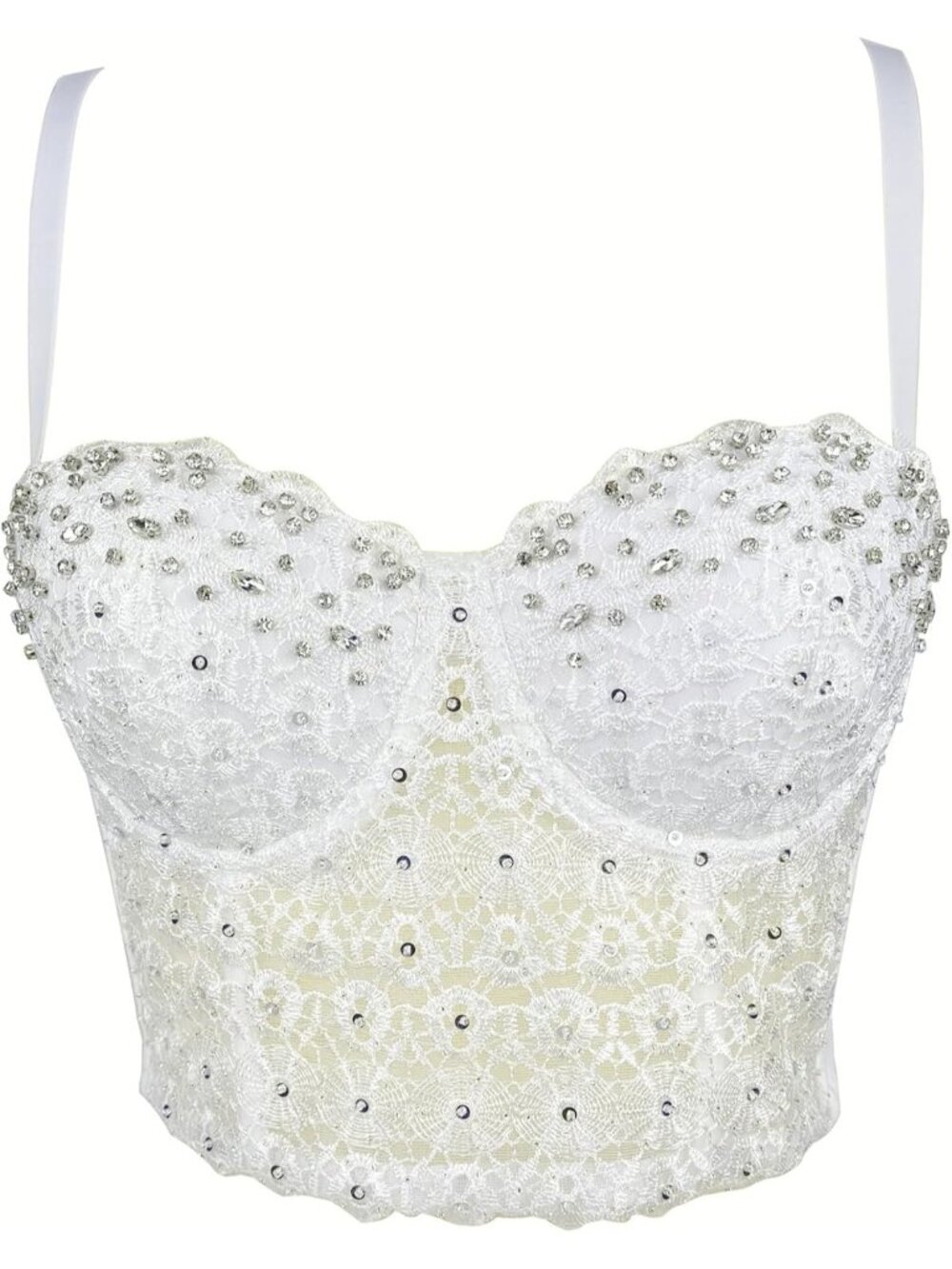 Women's White Lace Mesh Rhinestone Diamond Bra Push Up Bustier Corset Crop Top